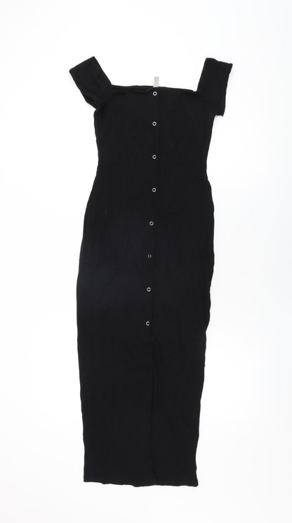 Additional front view of ASOS women’s black polyester bodycon, size UK 8, off the shoulder snap