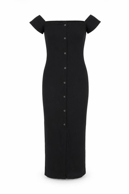 Front view of ASOS women’s black polyester bodycon, size UK 8, off the shoulder snap