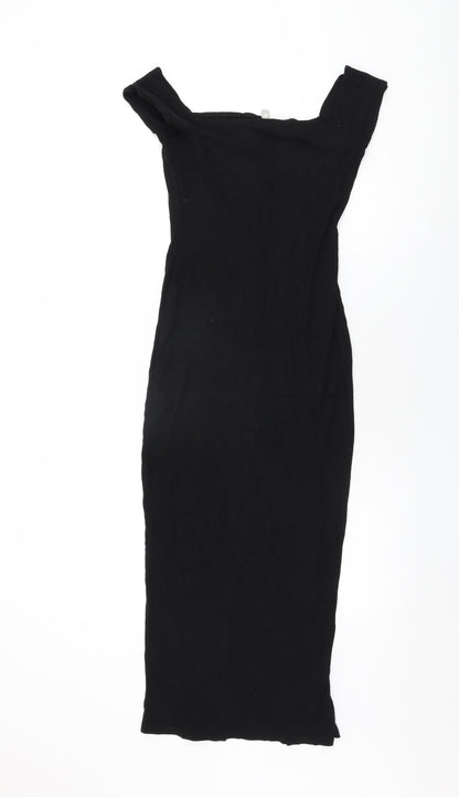 Back view of ASOS women’s black polyester bodycon, size UK 8, off the shoulder snap