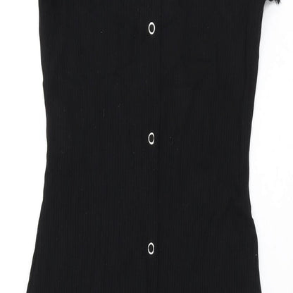 Close-up detail of ASOS women’s black polyester bodycon, size UK 8, off the shoulder snap