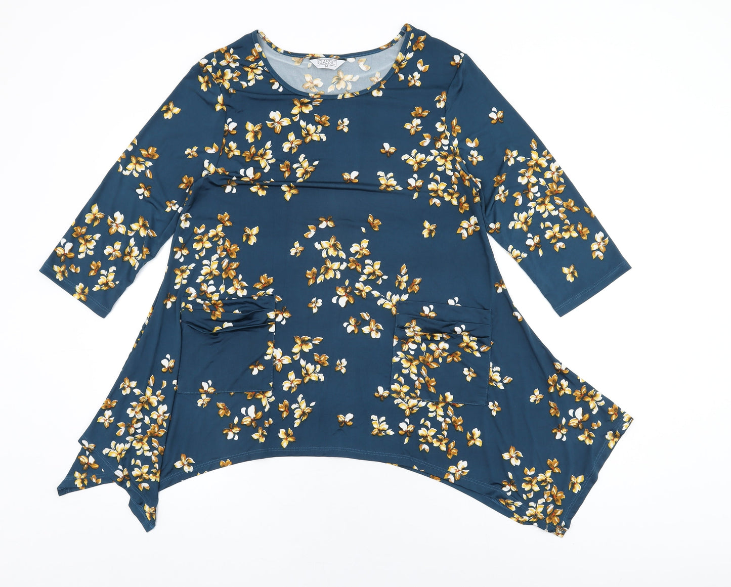 Classic Womens Blue Floral Polyester Basic T-Shirt Size 14 Round Neck