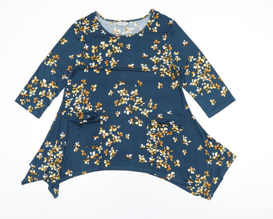 Classic Womens Blue Floral Polyester Basic T-Shirt Size 14 Round Neck