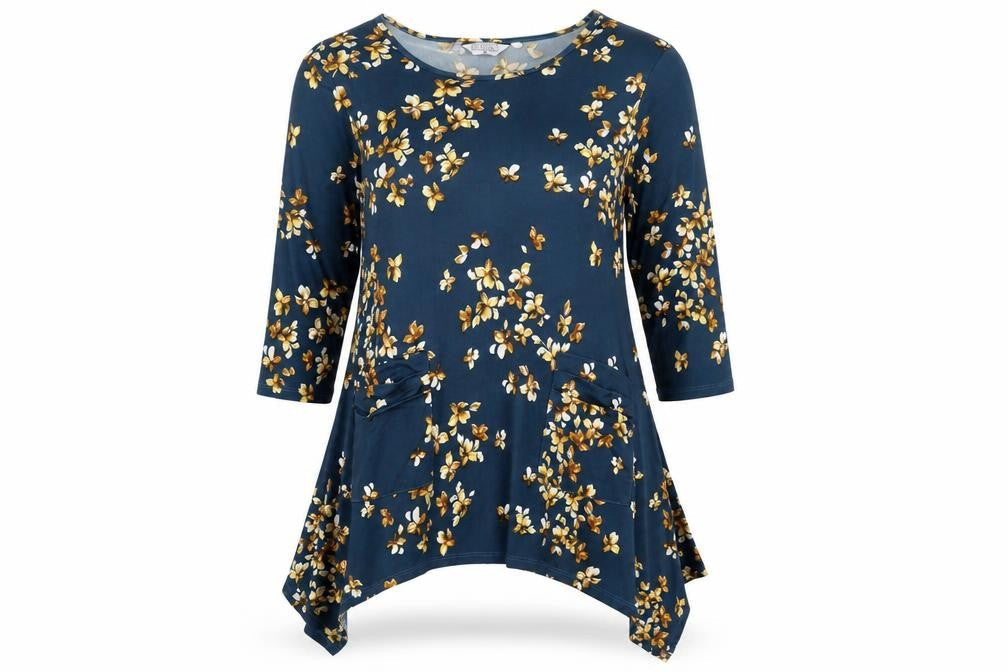 Classic Womens Blue Floral Polyester Basic T-Shirt Size 14 Round Neck