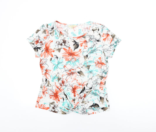 Vida Vi Womens White Floral Polyester Basic T-Shirt Size 14 Round Neck