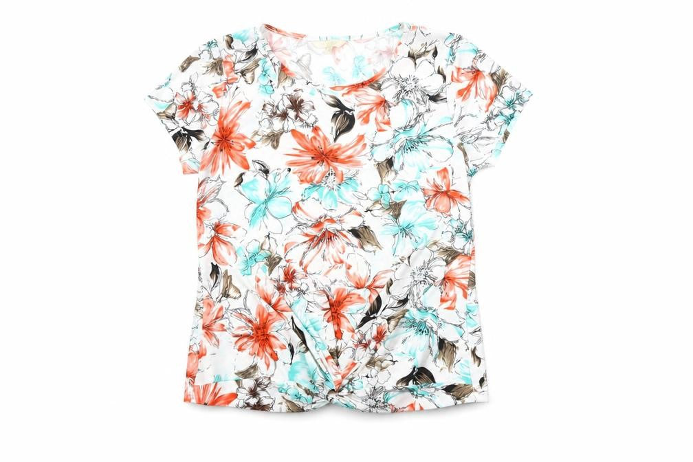 Vida Vi Womens White Floral Polyester Basic T-Shirt Size 14 Round Neck