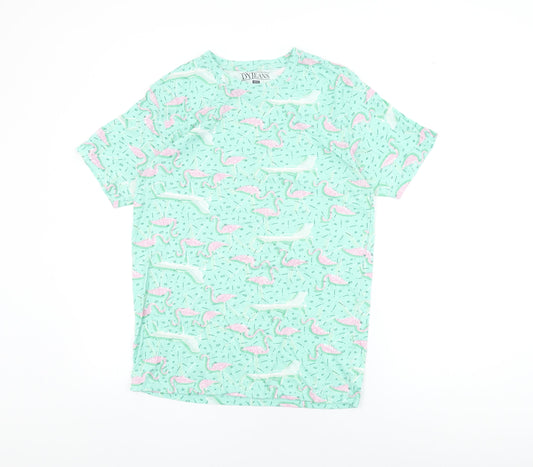 DY Jeans Womens Green Geometric Cotton Basic T-Shirt Size M Round Neck - Flamingo