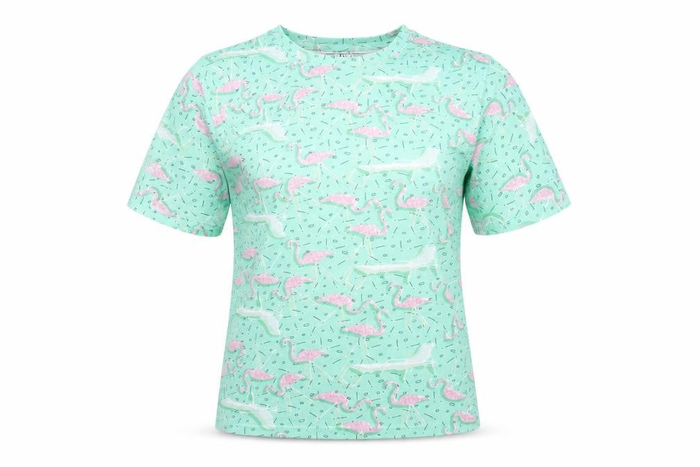 DY Jeans Womens Green Geometric Cotton Basic T-Shirt Size M Round Neck - Flamingo