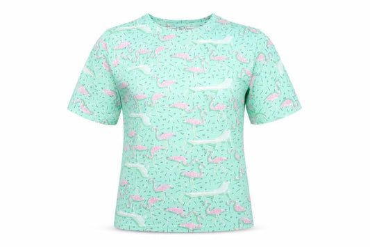 DY Jeans Womens Green Geometric Cotton Basic T-Shirt Size M Round Neck - Flamingo