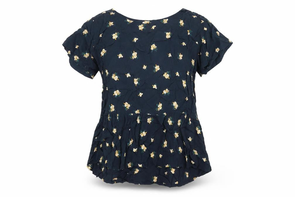 Cream Womens Blue Floral Viscose Basic T-Shirt Size 10 Round Neck
