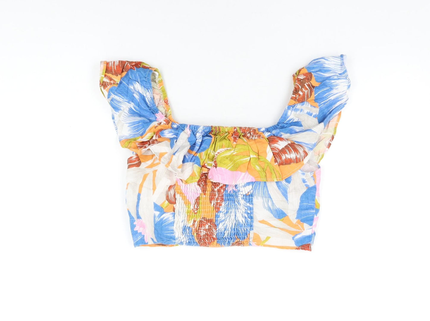 Zara Womens Multicoloured Floral Linen Cropped T-Shirt Size L Off the Shoulder - Frill Detail