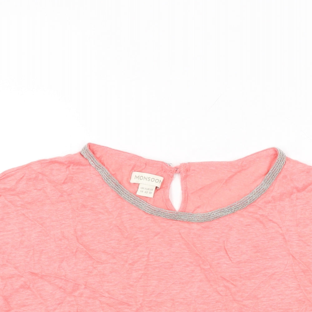 Monsoon Womens Pink Polyester Basic T-Shirt Size 14 Round Neck