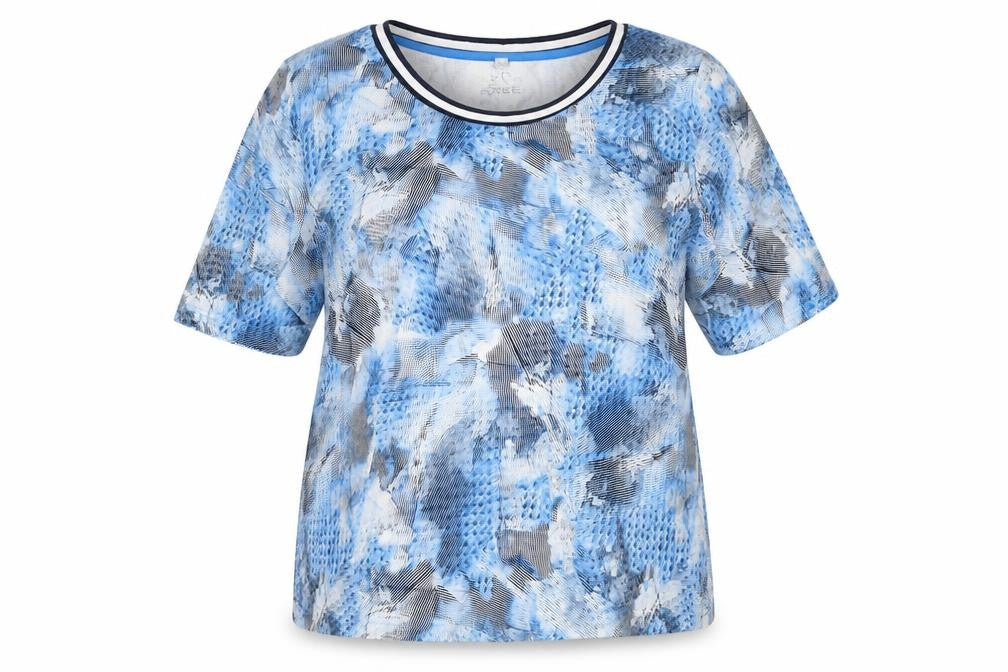 Rabe Womens Blue Geometric Viscose Basic T-Shirt Size 18 Round Neck