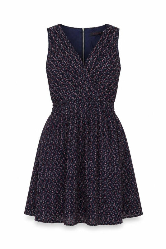 Tenki Womens Blue Geometric Polyester Skater Dress Size 8 V-Neck Zip