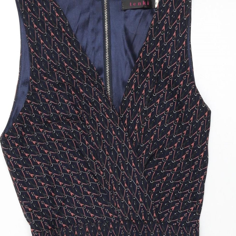 Tenki Womens Blue Geometric Polyester Skater Dress Size 8 V-Neck Zip