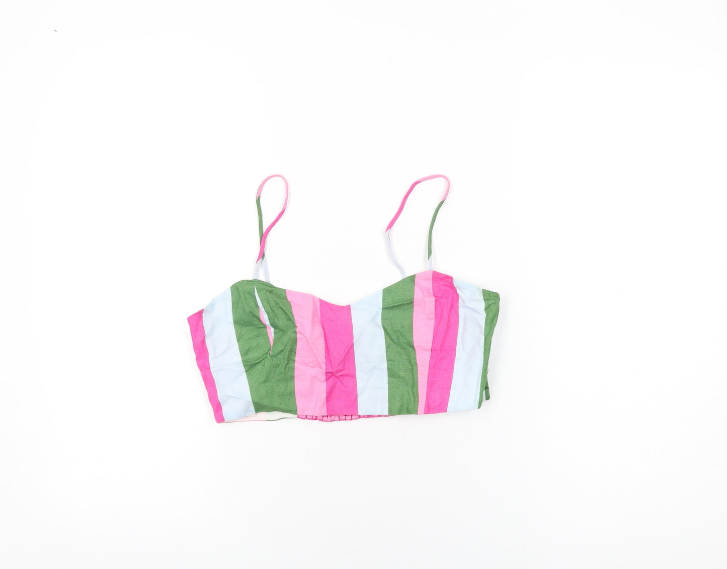 Zara Womens Multicoloured Striped Linen Cropped T-Shirt Size M V-Neck - Bralette