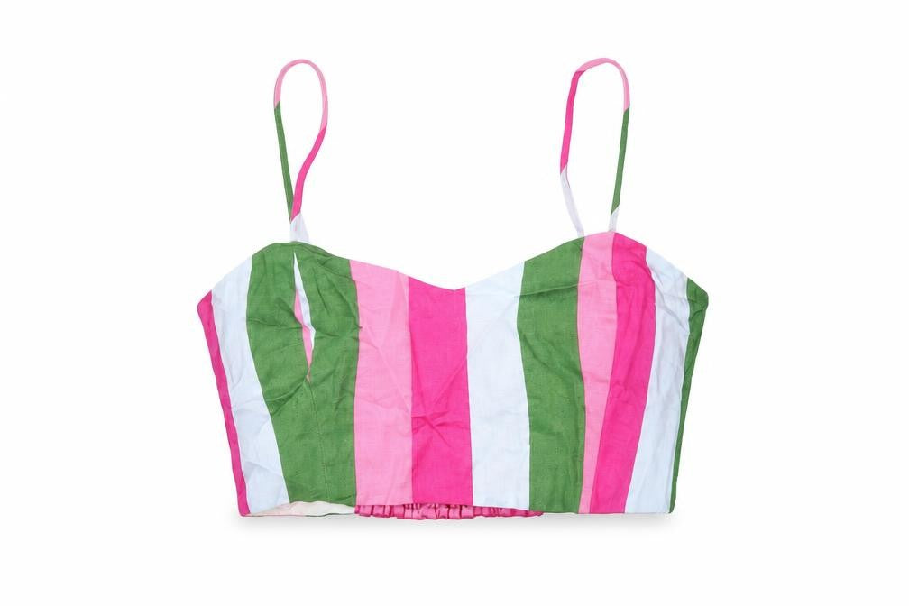 Zara Womens Multicoloured Striped Linen Cropped T-Shirt Size M V-Neck - Bralette