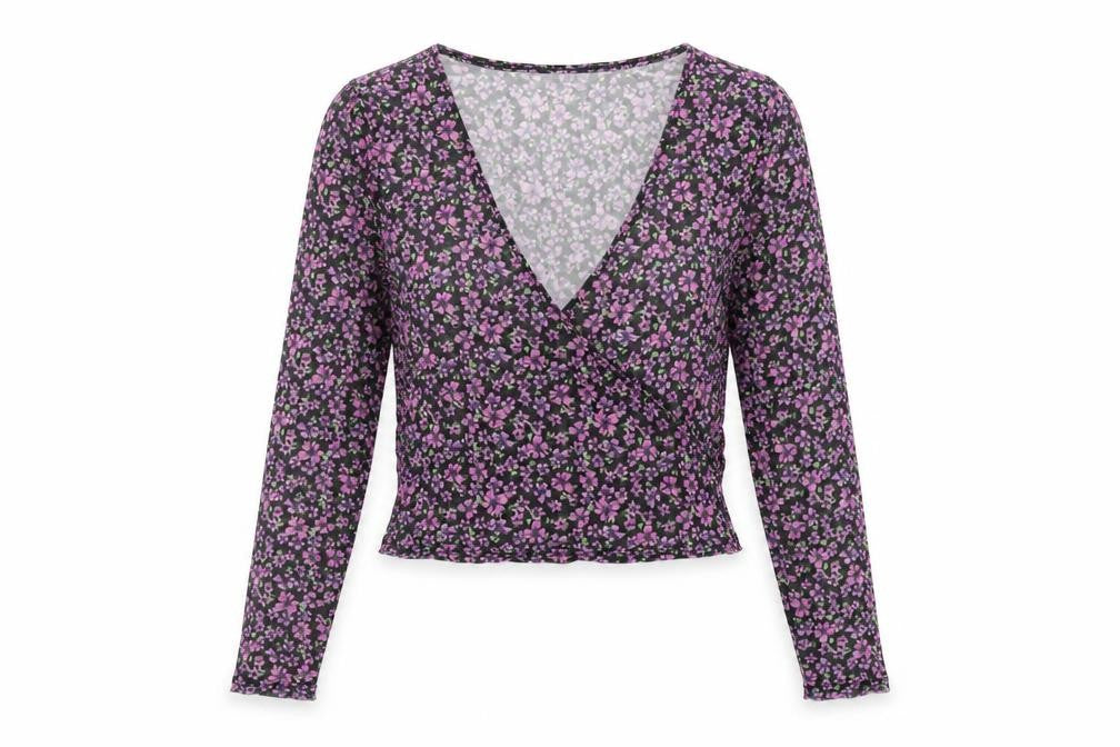 Topshop Womens Black Floral Polyester Basic T-Shirt Size 12 V-Neck