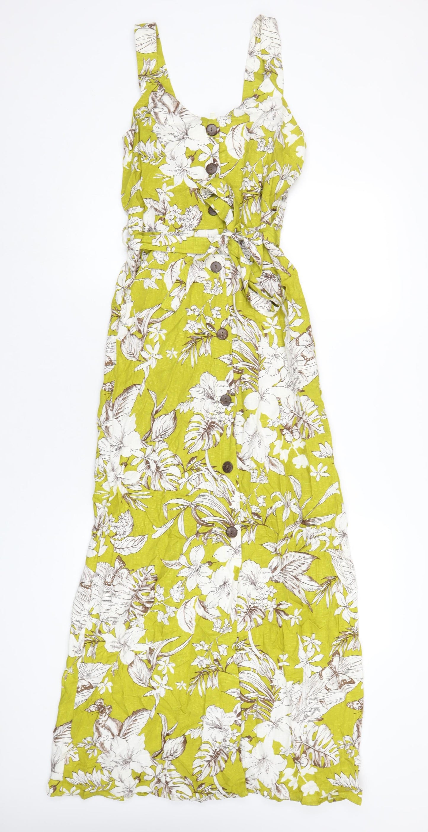 Monteau Womens Green Floral Viscose A-Line Size S V-Neck Button