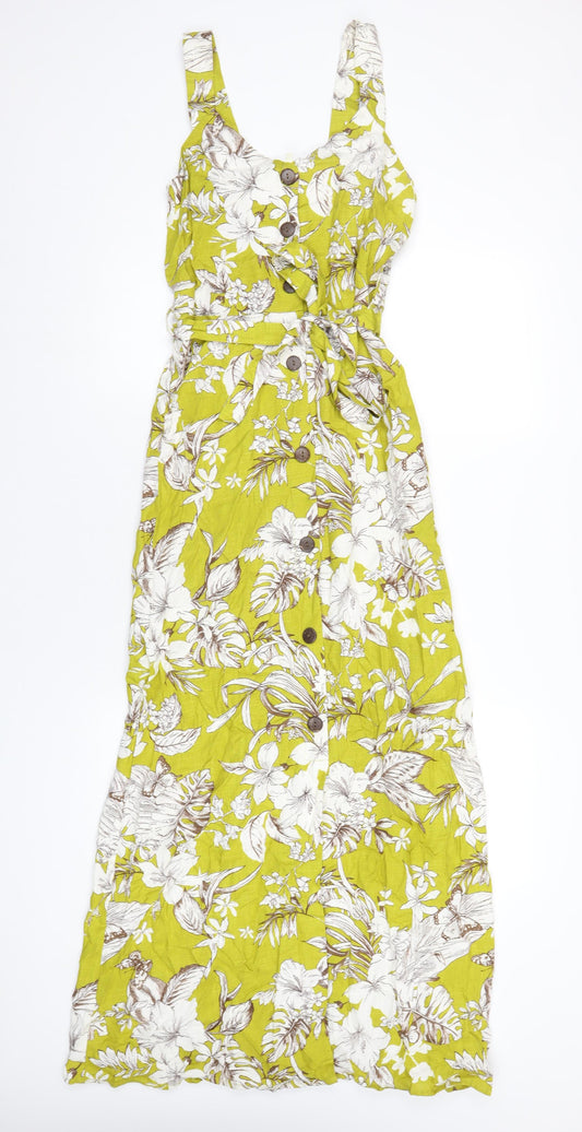 Monteau Womens Green Floral Viscose A-Line Size S V-Neck Button