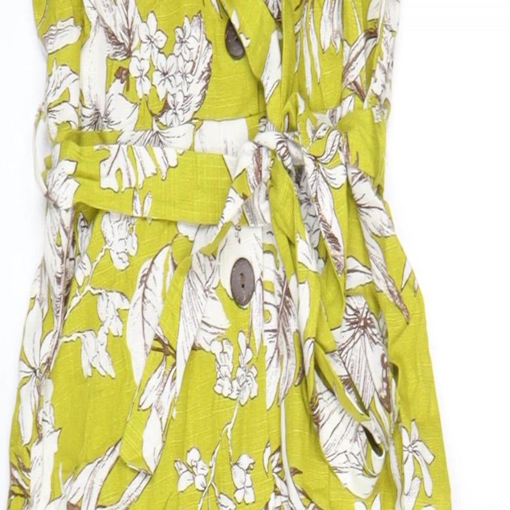 Monteau Womens Green Floral Viscose A-Line Size S V-Neck Button
