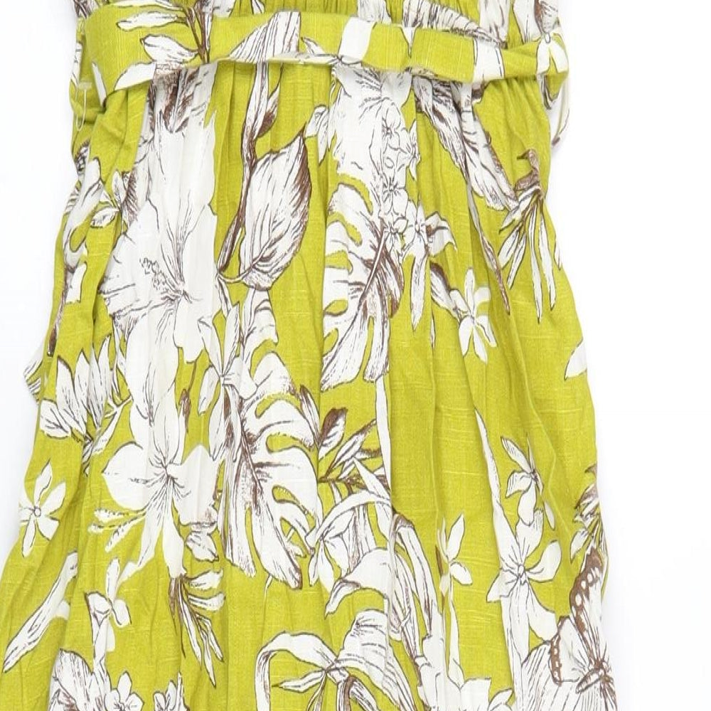 Monteau Womens Green Floral Viscose A-Line Size S V-Neck Button