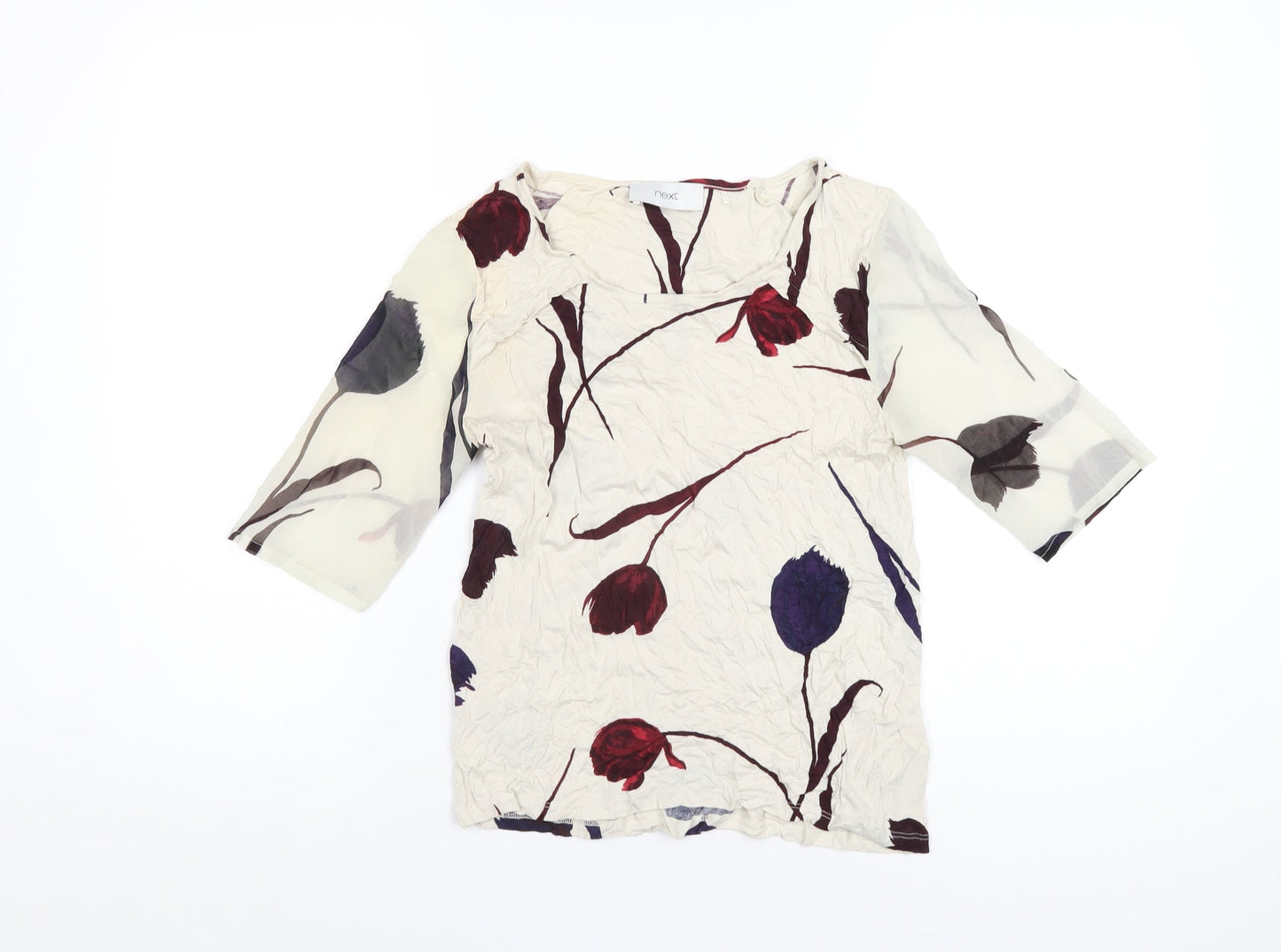 NEXT Womens Beige Floral Viscose Basic T-Shirt Size 6 Round Neck