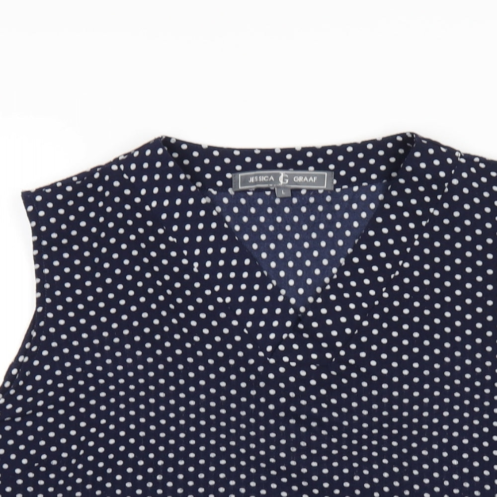 Jessica Graaf Womens Blue Polka Dot Polyester Basic Tank Size L V-Neck