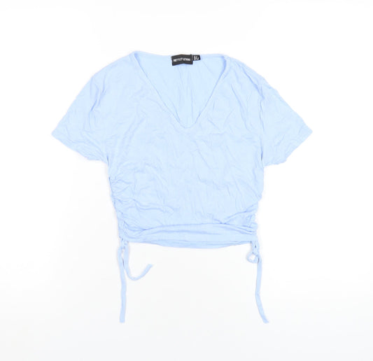 PRETTYLITTLETHING Womens Blue Viscose Cropped T-Shirt Size 8 V-Neck