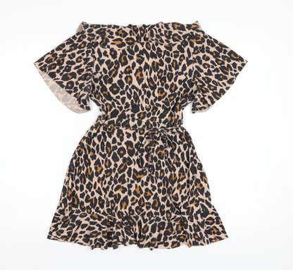 Boohoo Womens Brown Animal Print Polyester A-Line Size 12 V-Neck Pullover