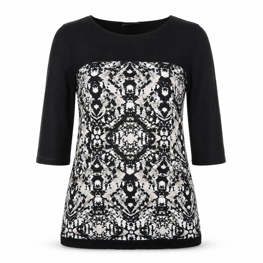 Wallis Womens Black Geometric Viscose Basic T-Shirt Size M Scoop Neck