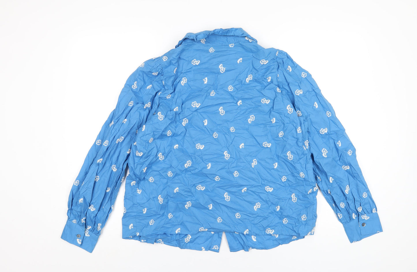 Marks and Spencer Womens Blue Geometric Cotton Basic Button-Up Size 14 Collared