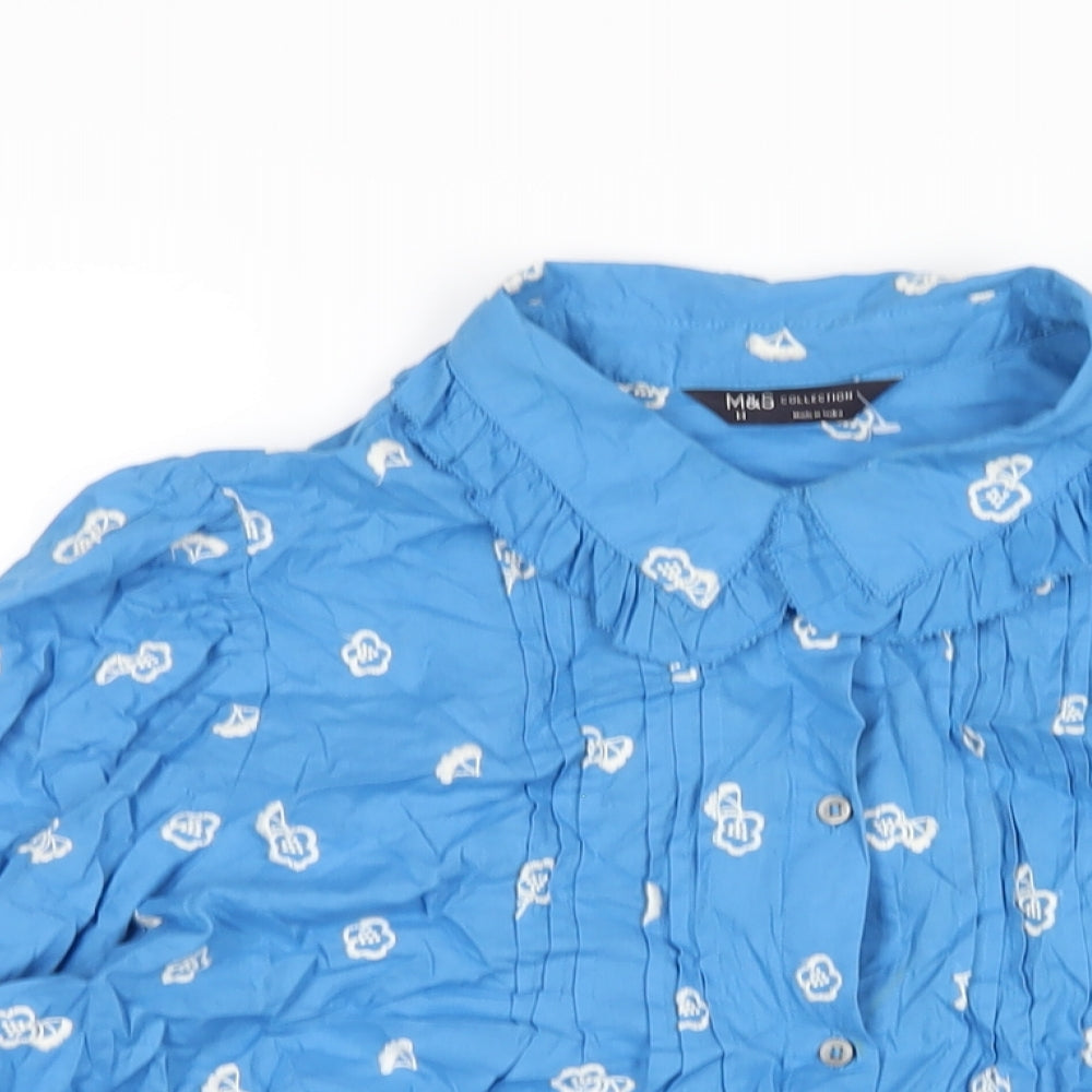 Marks and Spencer Womens Blue Geometric Cotton Basic Button-Up Size 14 Collared