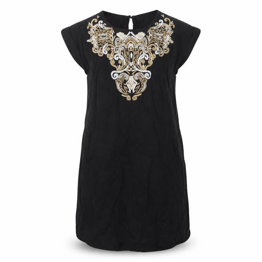 Warehouse Womens Black Geometric Viscose T-Shirt Dress Size 12 Round Neck Button