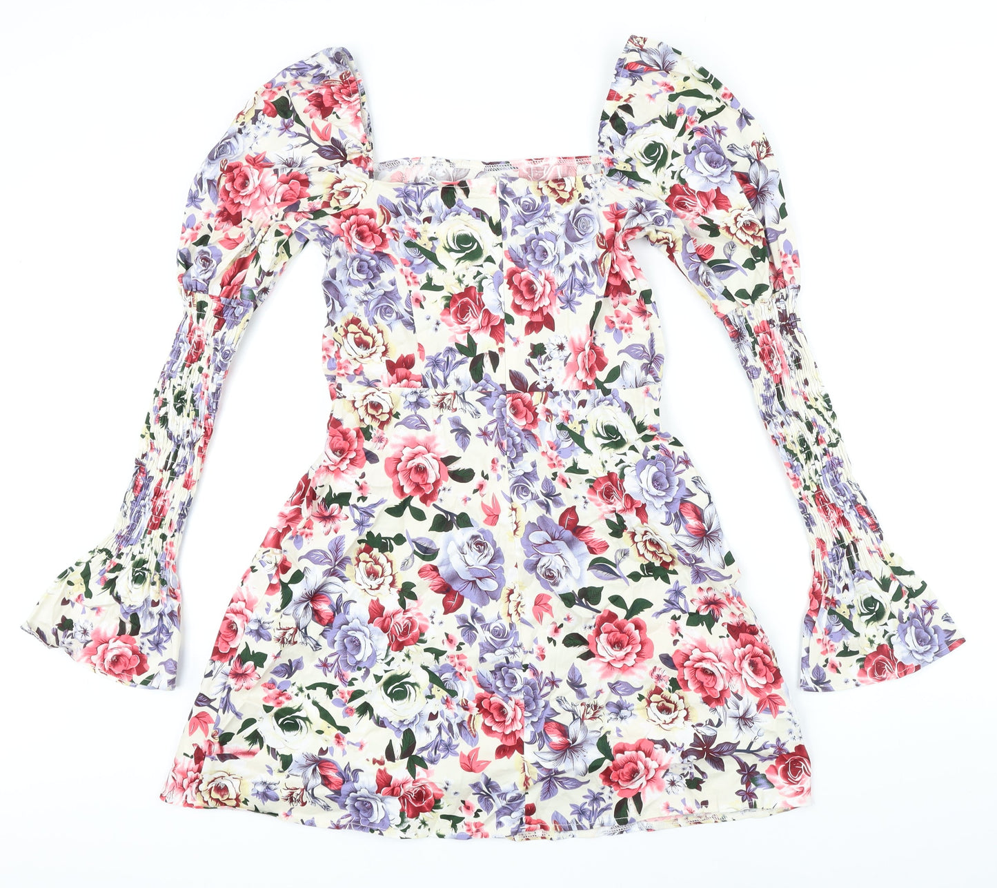 Missguided Womens Multicoloured Floral Cotton A-Line Size 10 Square Neck Zip