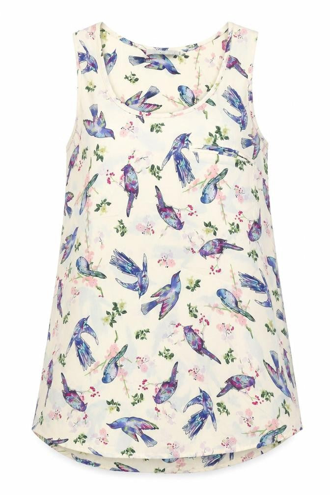 Anmoi Womens Beige Floral Polyester Tunic Blouse Size 8 Round Neck - Birds