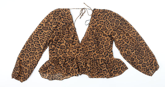H&M Womens Brown Animal Print Polyester Blend Tunic Blouse Size XL V-Neck