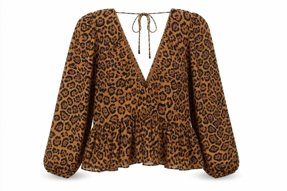 H&M Womens Brown Animal Print Polyester Blend Tunic Blouse Size XL V-Neck
