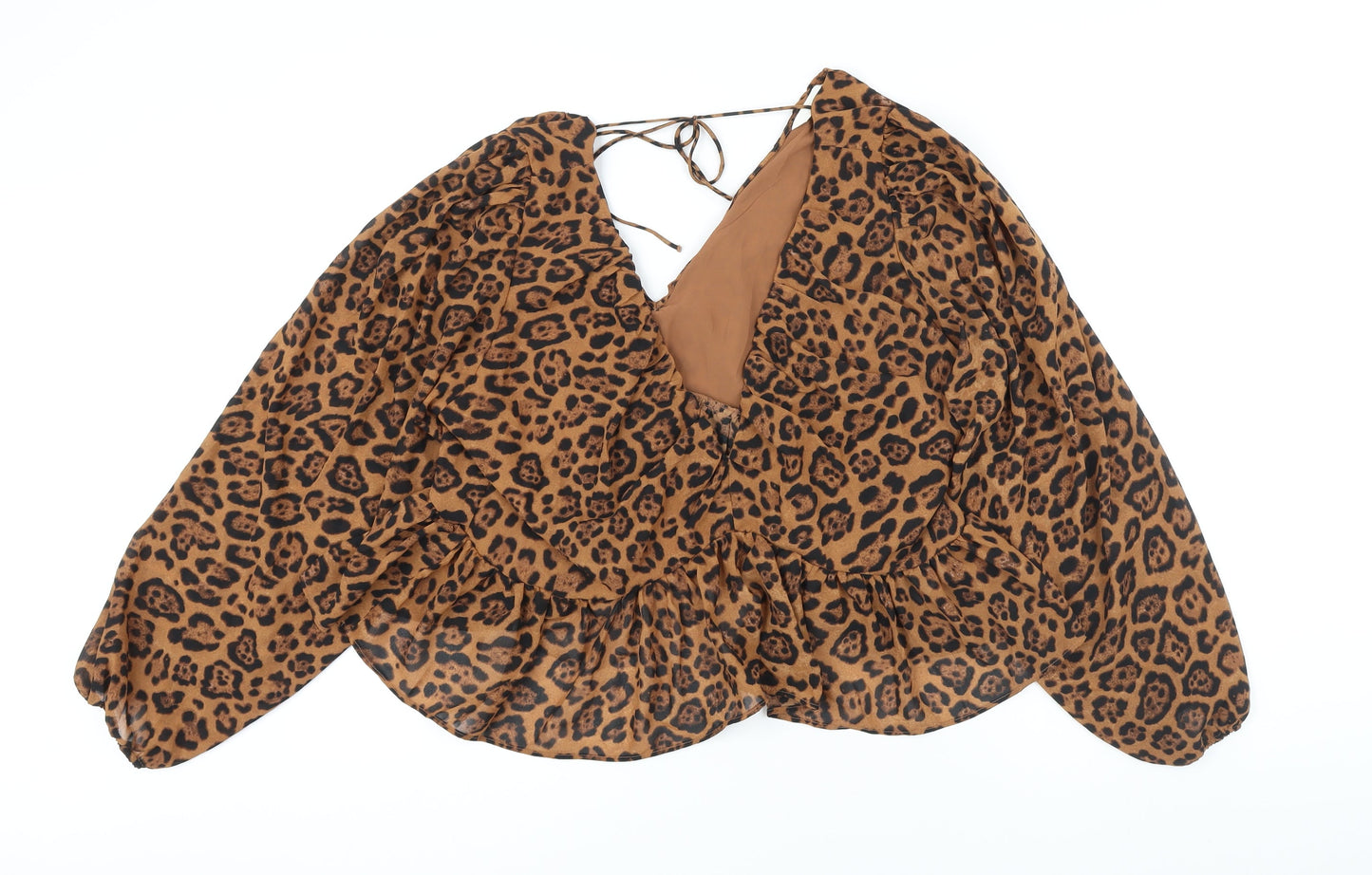 H&M Womens Brown Animal Print Polyester Blend Tunic Blouse Size XL V-Neck