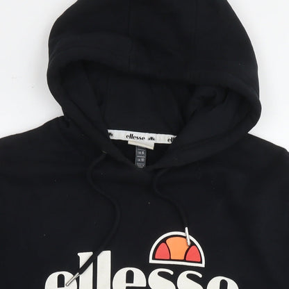 Close-up detail of Ellesse women’s black cotton pullover sweatshirt, size UK 10, pullover - logo