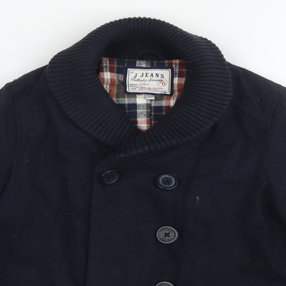 Close-up detail of J Jeans boys’ blue pea coat coat, size 5, years button
