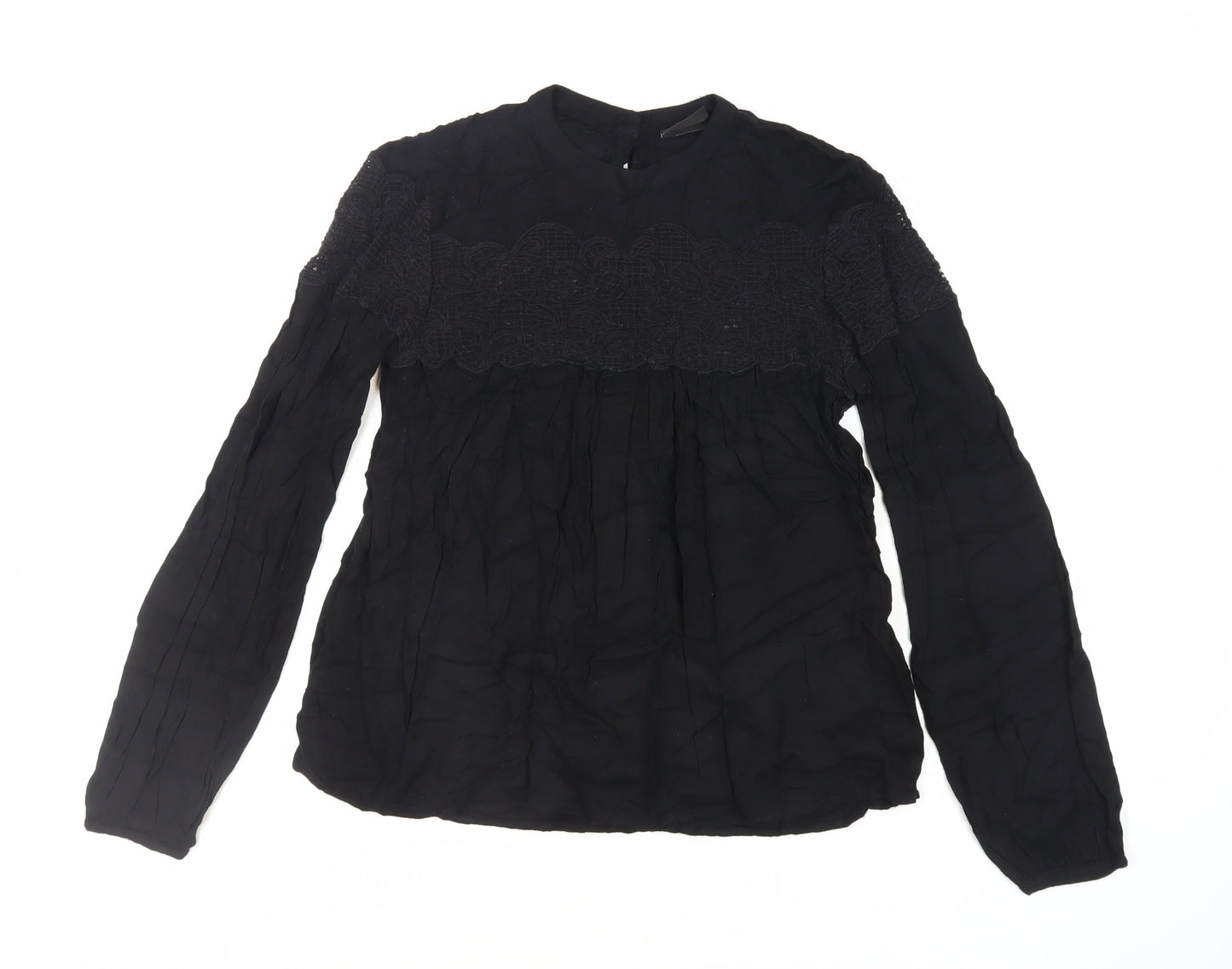 VILA Womens Black Viscose Basic Blouse Size XS Round Neck - Lace Detail