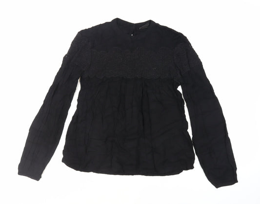 VILA Womens Black Viscose Basic Blouse Size XS Round Neck - Lace Detail