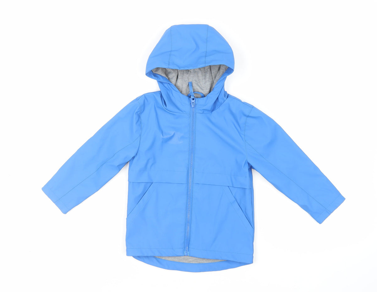 Additional front view of Urban Rascals boys’ blue rain coat coat, size 3-4, years zip - hooded water resistant
