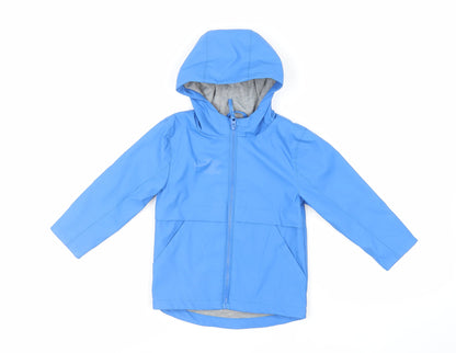 Additional front view of Urban Rascals boys’ blue rain coat coat, size 3-4, years zip - hooded water resistant