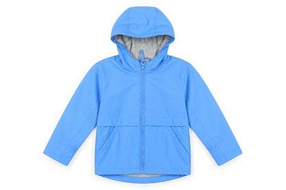Front view of Urban Rascals boys’ blue rain coat coat, size 3-4, years zip - hooded water resistant