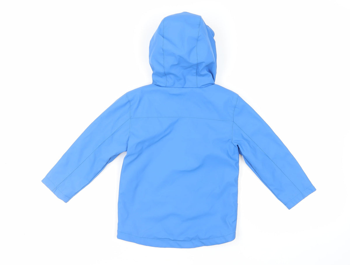 Back view of Urban Rascals boys’ blue rain coat coat, size 3-4, years zip - hooded water resistant