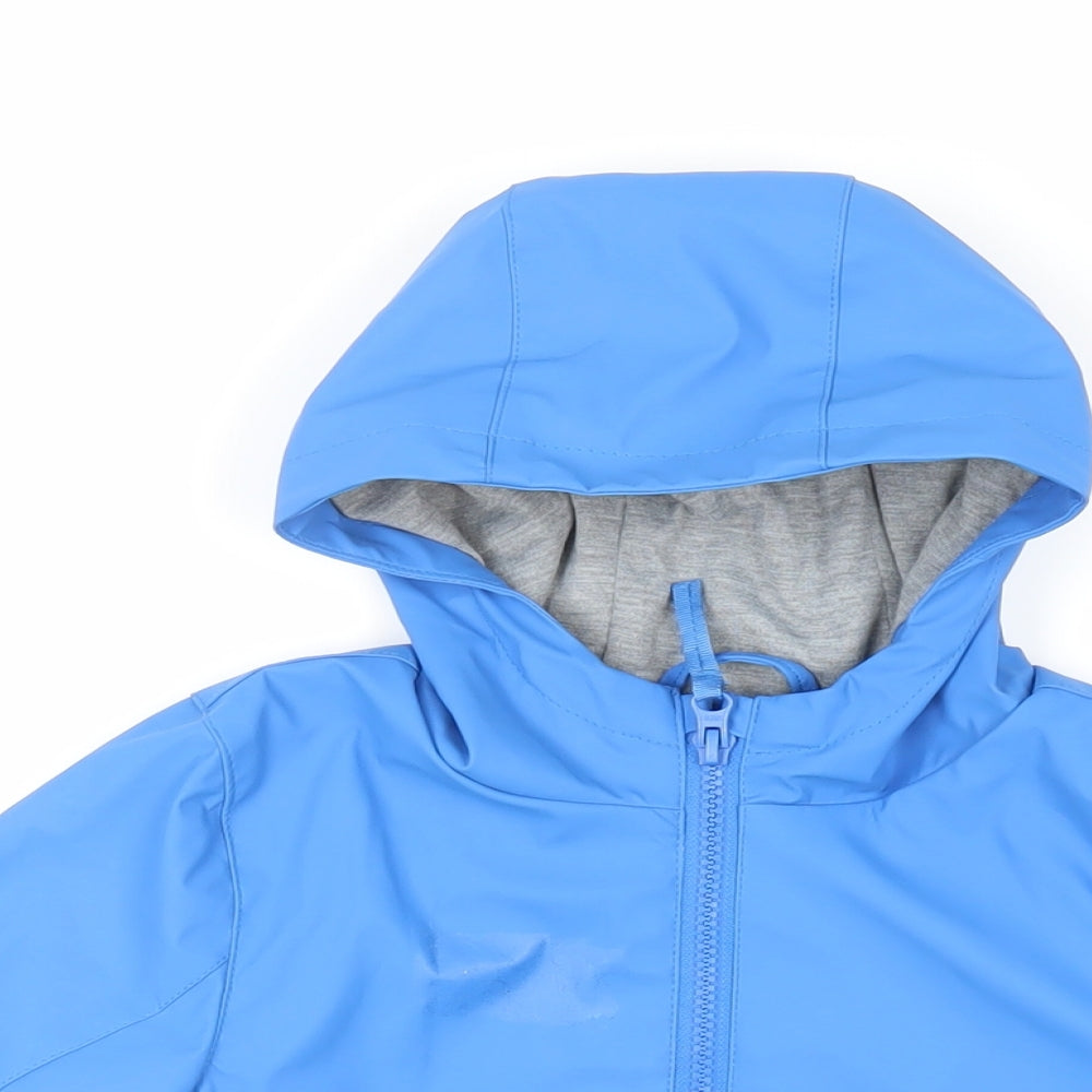 Close-up detail of Urban Rascals boys’ blue rain coat coat, size 3-4, years zip - hooded water resistant