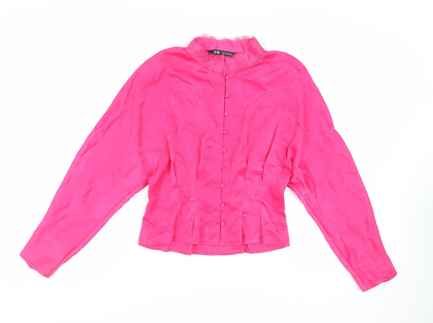 Zara Womens Pink Polyester Basic Button-Up Size M Mock Neck - Lace Detail