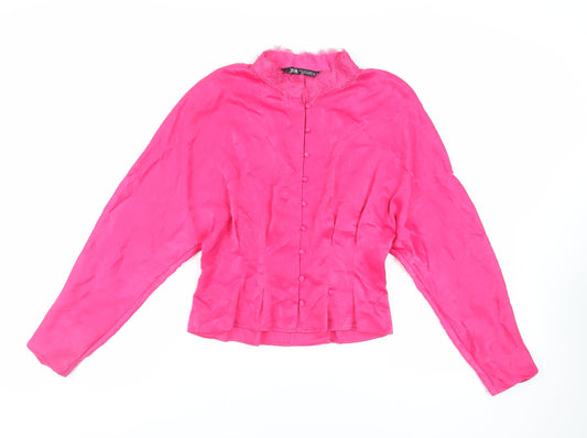 Zara Womens Pink Polyester Basic Button-Up Size M Mock Neck - Lace Detail