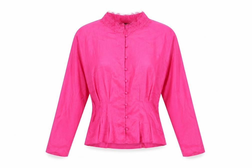 Zara Womens Pink Polyester Basic Button-Up Size M Mock Neck - Lace Detail